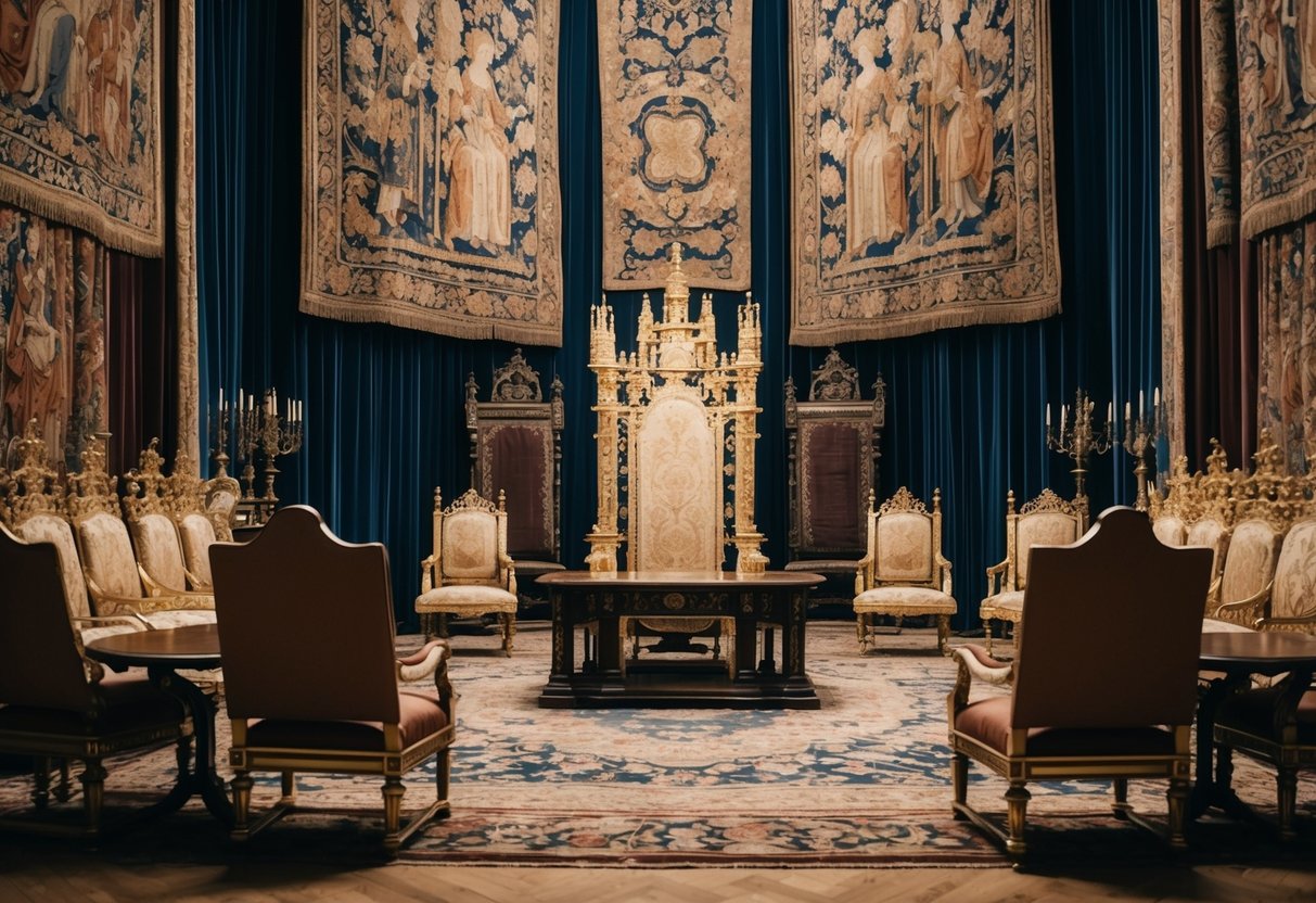 A grand, regal throne room filled with ornate tapestries and gilded furniture. A sense of faded glory and history lingers in the air