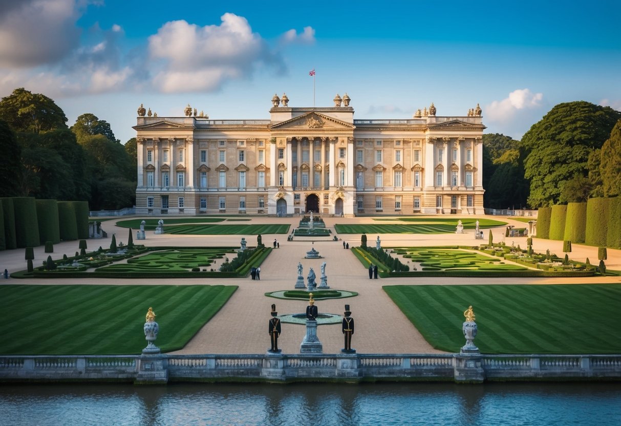 A grand palace with ornate architecture and lush gardens, surrounded by a moat and guards, symbolizing the opulence and history of the British monarchy