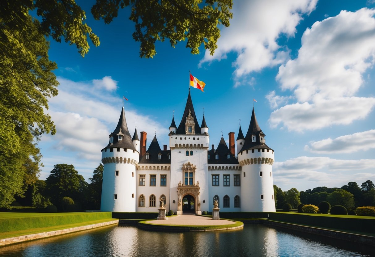 A majestic castle nestled in lush greenery, surrounded by a moat and towering turrets, with a grand entrance and a flag flying high