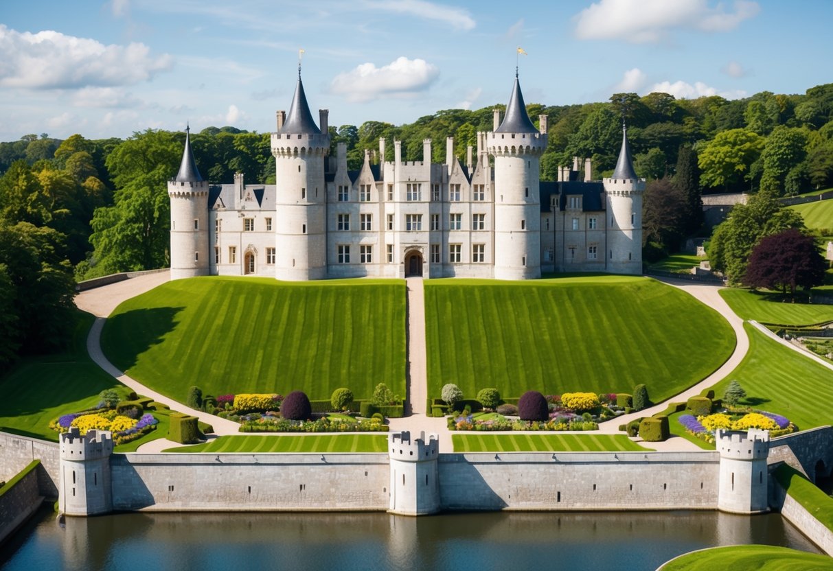 A grand, historic castle sits atop a lush green hill, surrounded by a moat and towering stone walls. Turrets and spires reach towards the sky, while colorful gardens and manicured lawns spread out around the estate