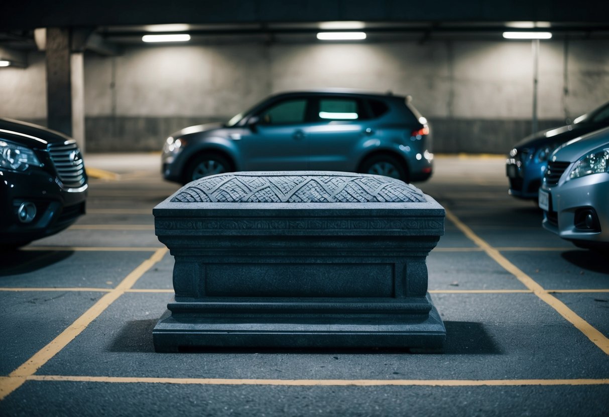 A medieval king's burial site: A stone tomb in a dimly lit parking lot, surrounded by modern cars and concrete