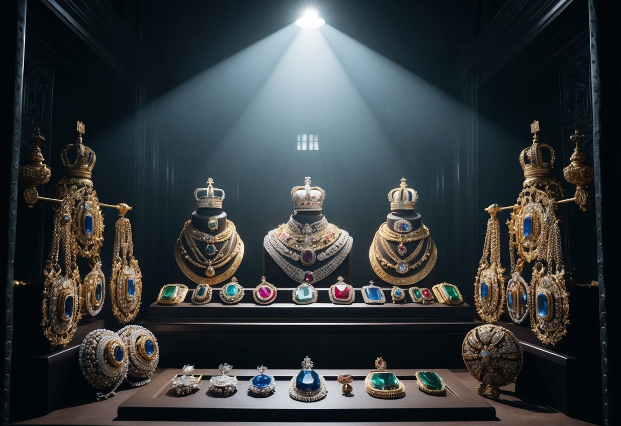 The British Crown Jewels gleam in a heavily guarded chamber, shrouded in shadowy mystery. A single spotlight illuminates the dazzling array of precious gems and ornate gold, leaving viewers in awe of their historical significance and enigmatic allure