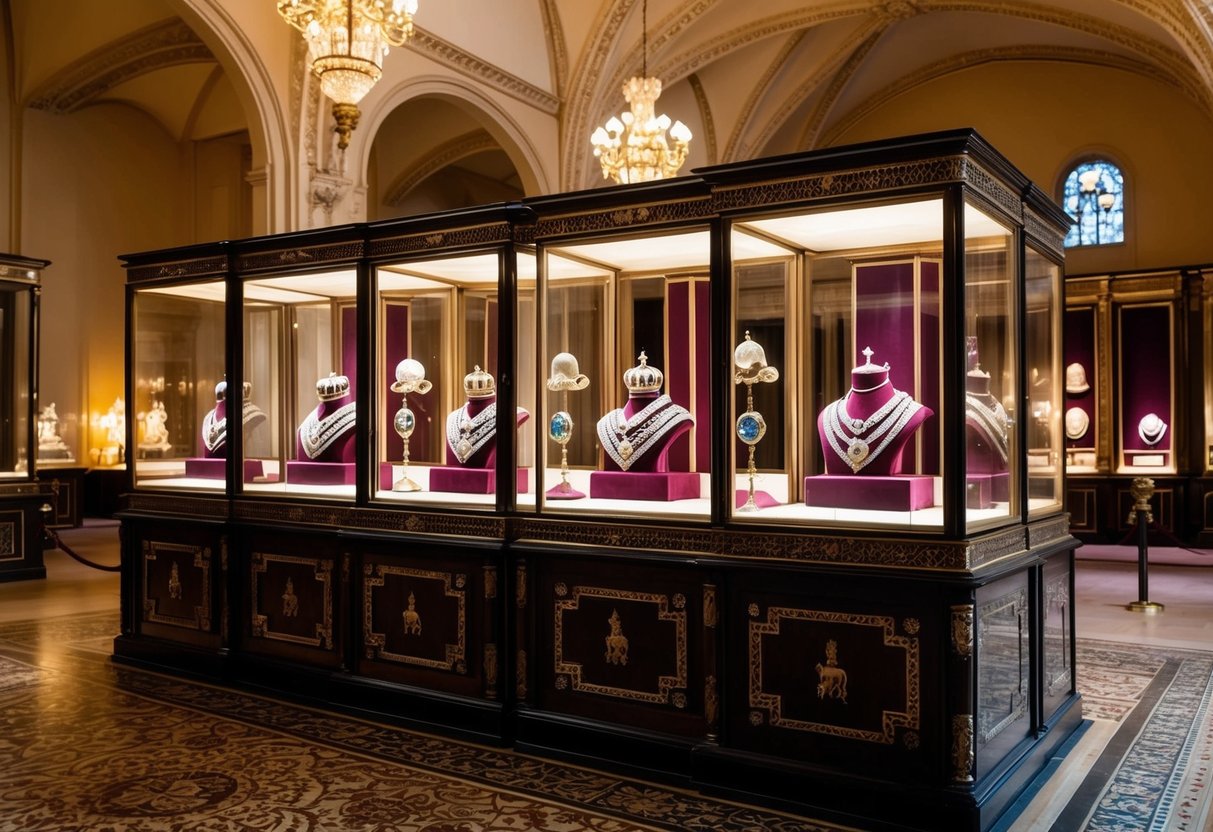 The British Crown Jewels are displayed in a grand, ornate room with vaulted ceilings and elaborate furnishings. The jewels are showcased in glass cases, illuminated by soft, warm lighting