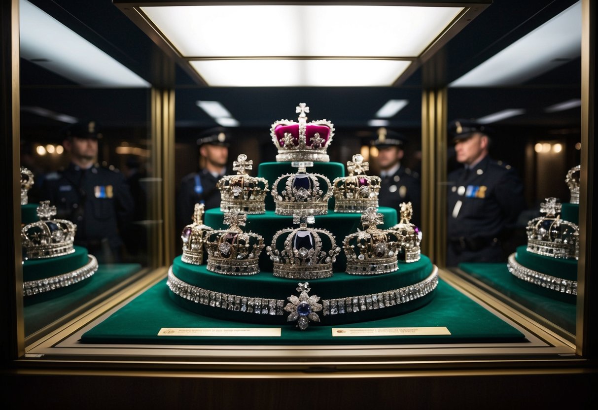 A display case holds the British Crown Jewels, surrounded by dim lighting and heavy security. The sparkling gems and intricate designs hint at centuries of mystery and intrigue