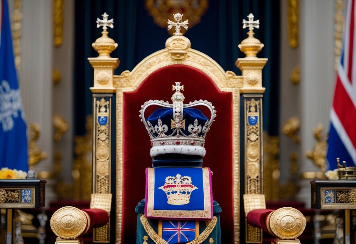 A crown sits atop a regal throne, surrounded by opulent decor and symbols of royalty. The throne exudes power and authority, representing the reign of the longest-reigning monarch in British history