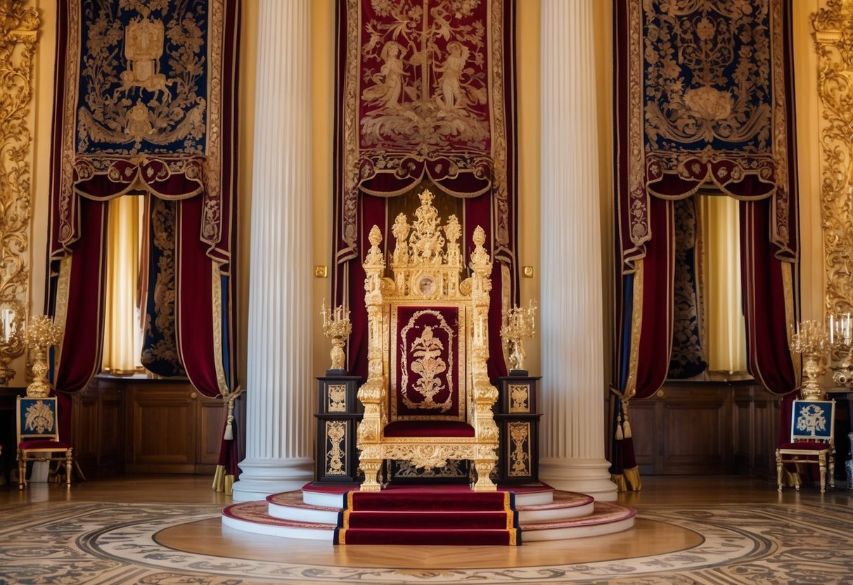 A grand, ornate throne sits in the center of a regal, opulent palace hall. Rich tapestries and gilded decorations adorn the walls, creating an atmosphere of power and tradition