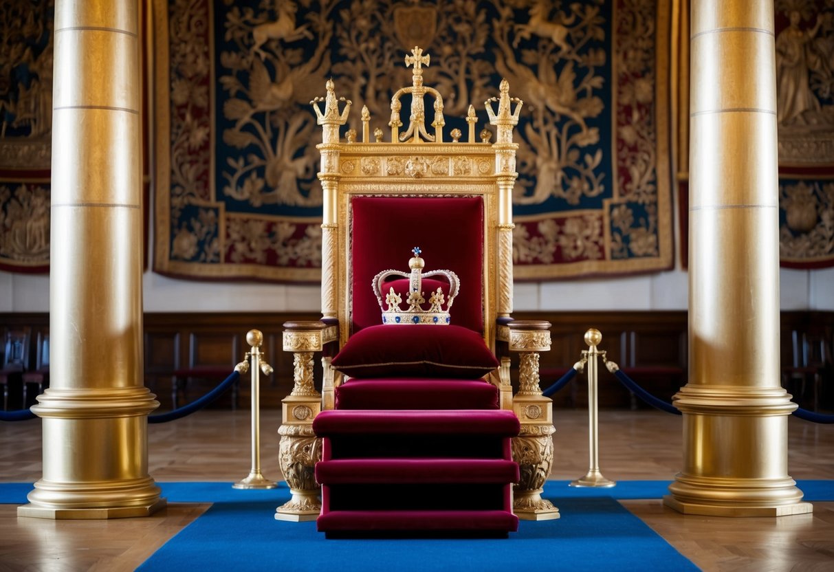 A grand throne sits at the center of a regal hall, surrounded by ornate tapestries and gilded pillars. A crown rests atop a velvet cushion, symbolizing the power and longevity of the British monarchy