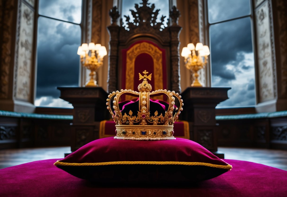 A grand throne room with ornate decor and a golden crown on a velvet cushion. A stormy sky looms outside the window, hinting at the drama of powerful monarchs