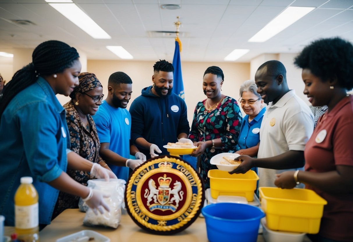 A group of people from diverse backgrounds engage in community service, such as distributing food and clothing, while a royal emblem is prominently displayed