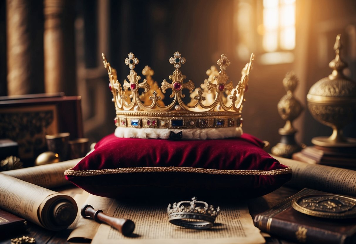 A majestic crown sits atop a regal velvet cushion, surrounded by ancient scrolls and historical artifacts. The scene exudes a sense of power and tradition, challenging common misconceptions about monarchy