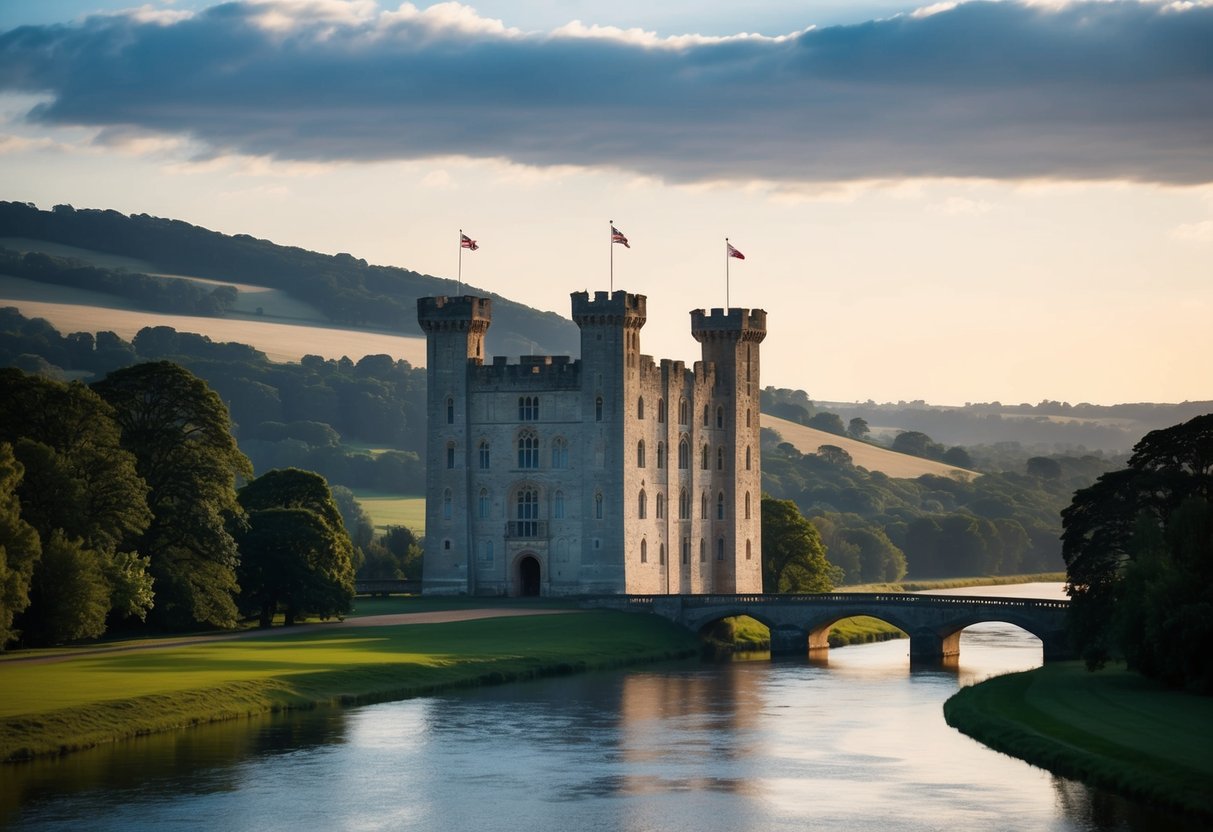 A majestic castle stands against a backdrop of rolling hills and a serene river, symbolizing the establishment of the Windsors as the royal family