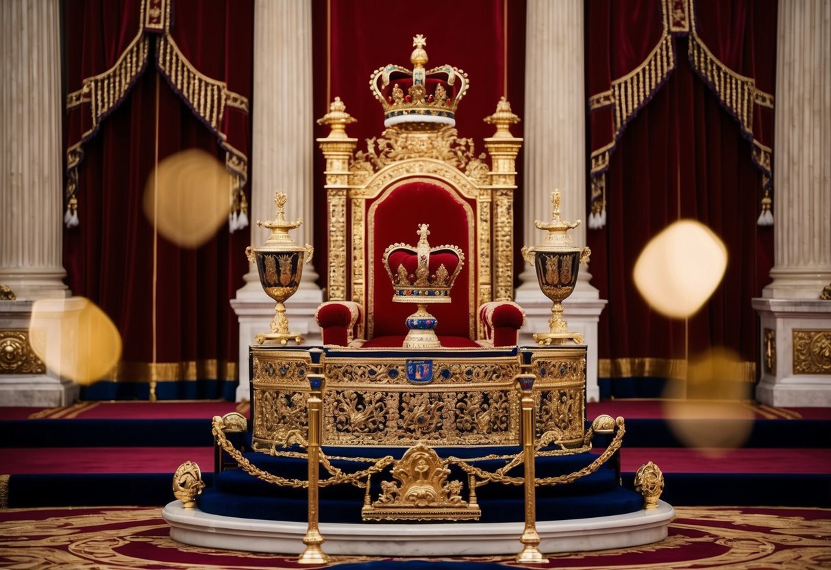 A grand palace with a regal throne surrounded by opulent decor. A crown and scepter are prominently displayed, symbolizing the enduring legacy of the British monarchy