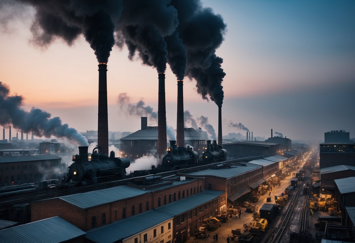 Smokestacks belch black soot into the sky over crowded factories and bustling streets. Steam engines power new modes of transportation, while workers toil in dimly lit workshops