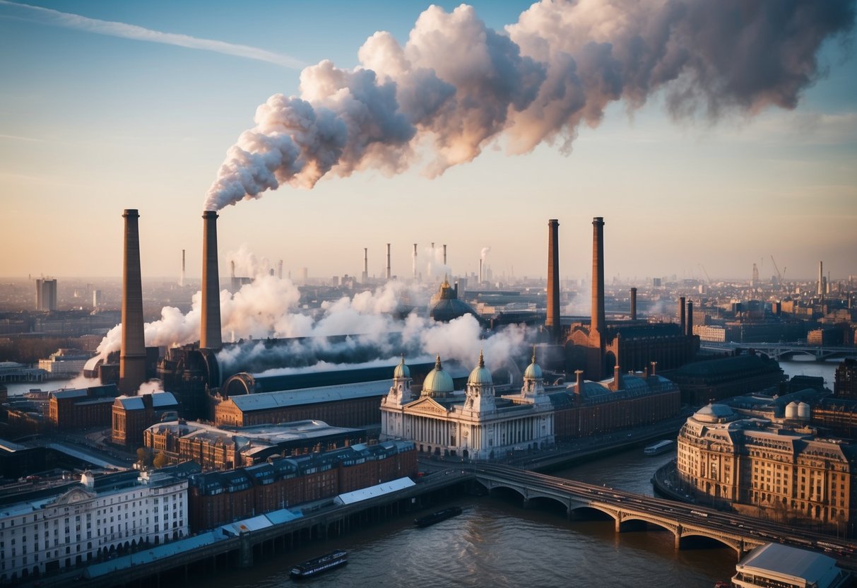 Victorian London: Smokestacks belching smoke, steam engines chugging, and sprawling factories dominating the skyline. New bridges and railways crisscrossing the city