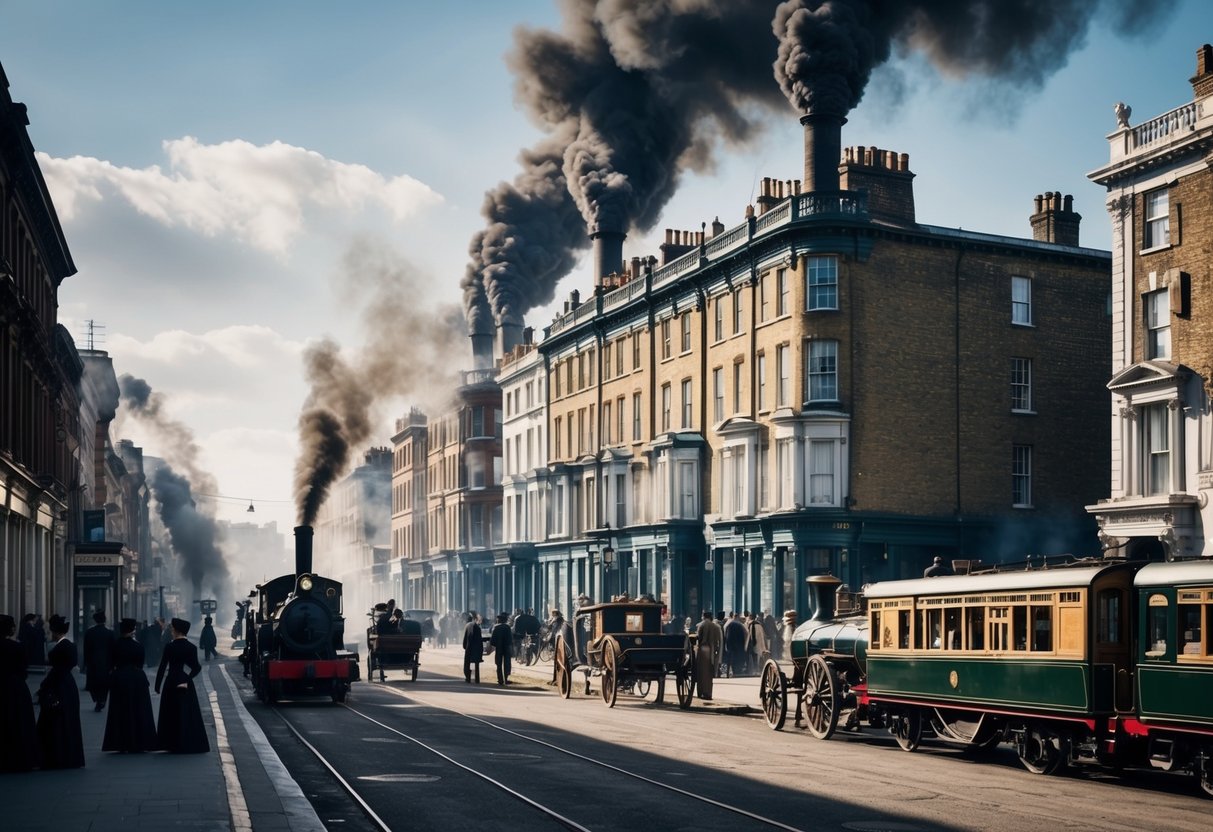 A bustling Victorian street with smoke-filled factories juxtaposed against elegant mansions and well-dressed upper-class citizens. The scene is a mix of poverty and opulence, with horse-drawn carriages and modern steam-powered trains coexisting