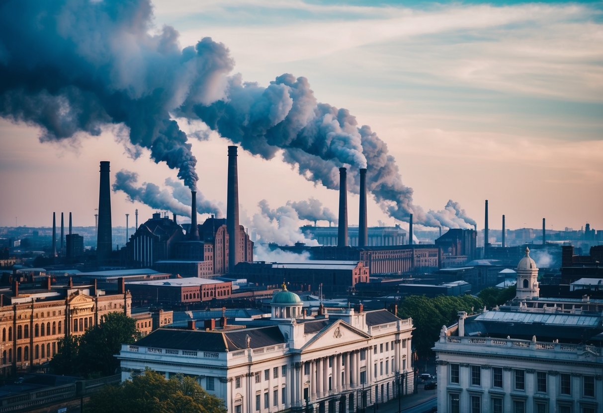 The bustling factories belch smoke into the sky, contrasting with the elegant architecture of Victorian England. The air is filled with the clatter of machinery and the stench of pollution, creating a scene of both splendor and squalor