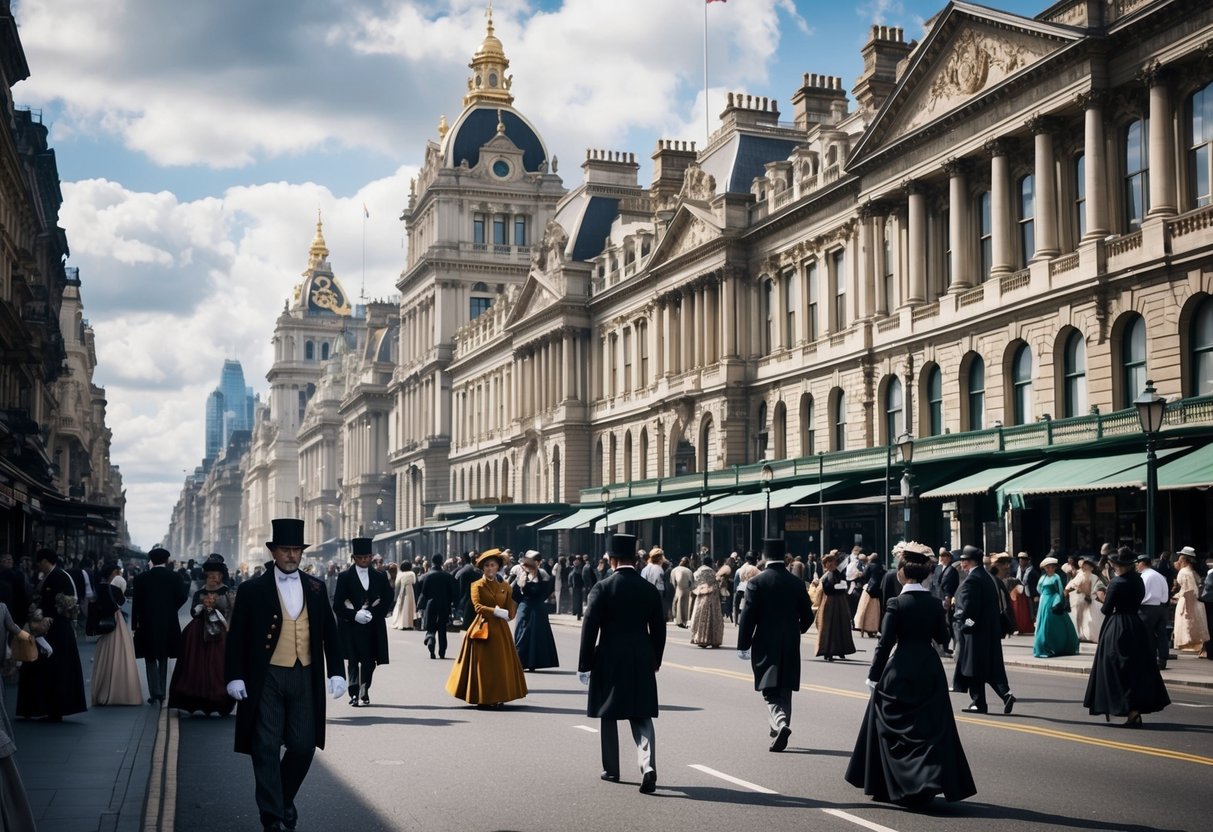 A bustling Victorian city with grand architecture, bustling streets, and people dressed in formal attire. A contrast between wealth and poverty is evident, with opulent buildings towering over crowded slums