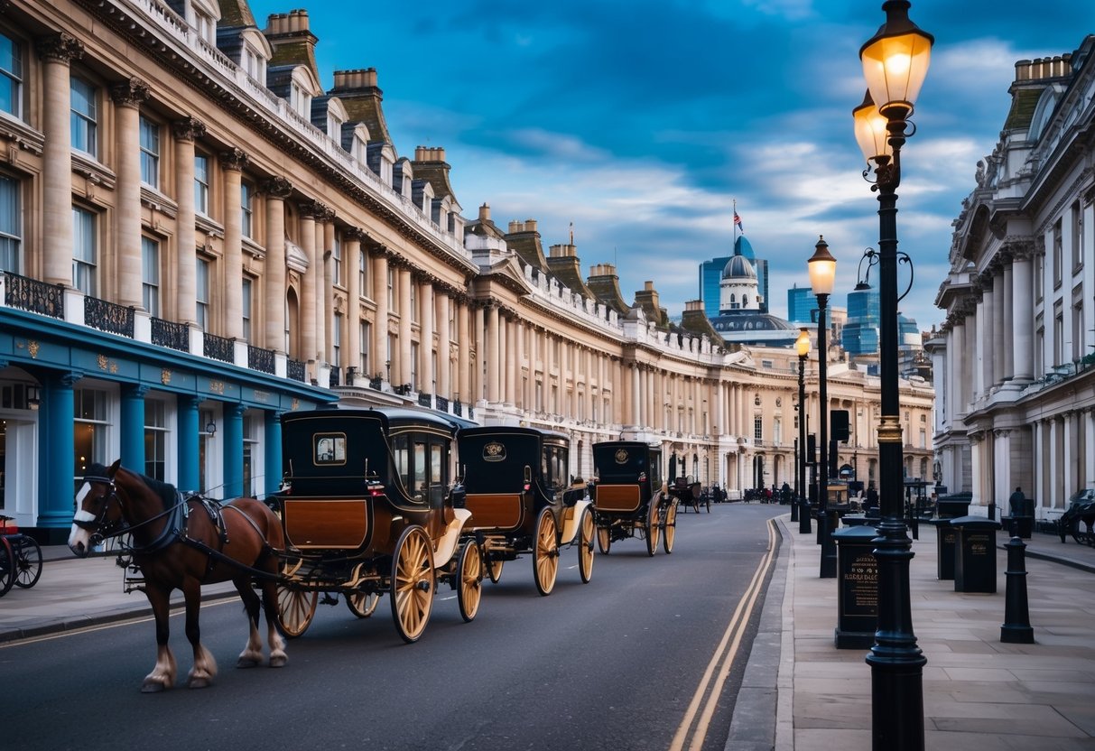 A bustling Victorian street with gas lamps, horse-drawn carriages, and elegant architecture, showing the influence of Victorian values on modern Britain