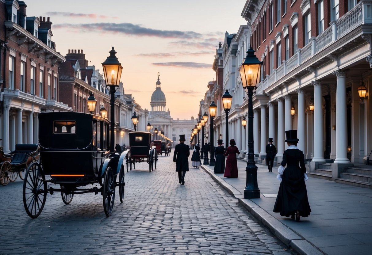 Victorian-era street with gas-lit lamps, horse-drawn carriages, and ornate architecture. People in top hats and long dresses walk along the cobblestone sidewalks