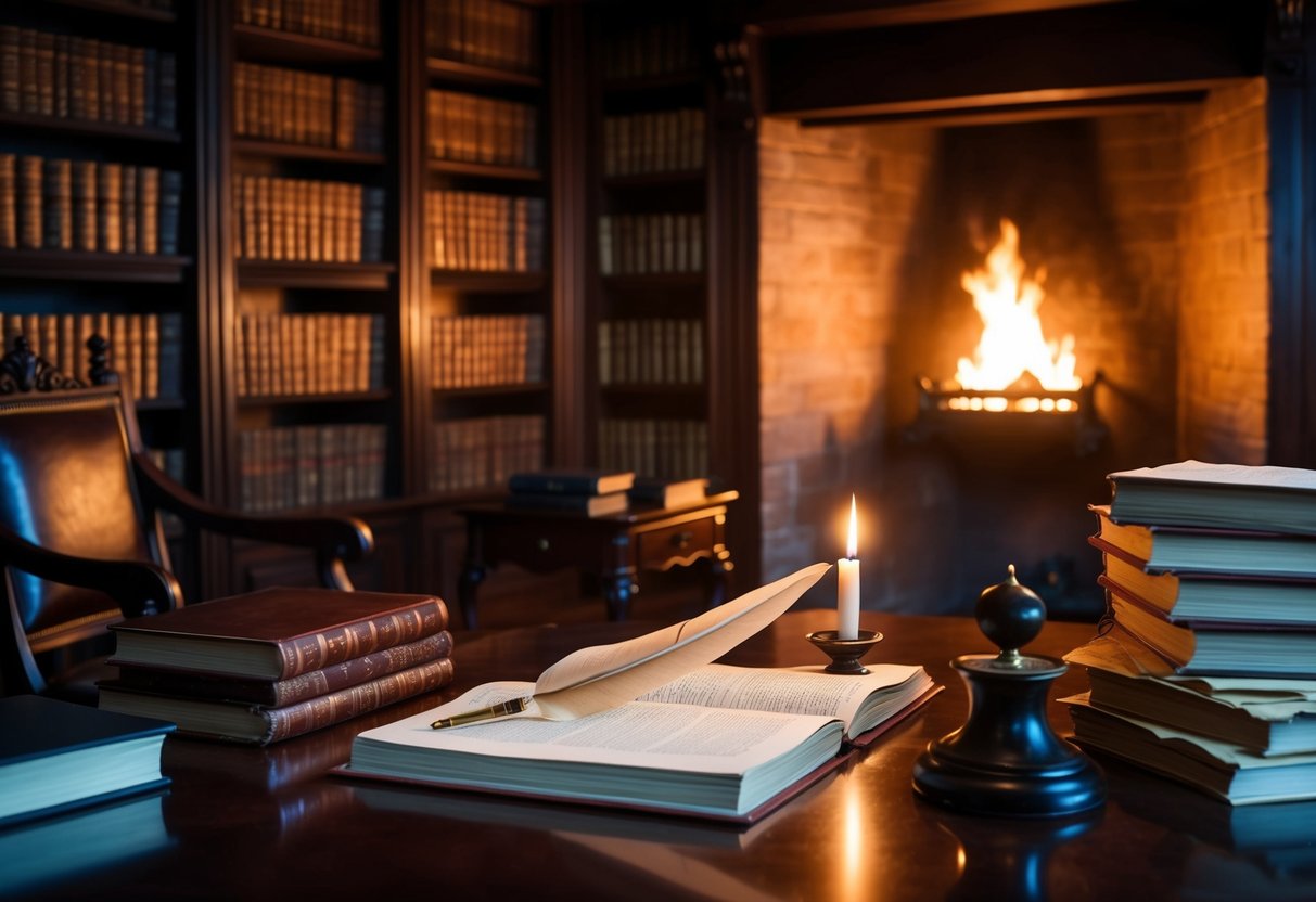 A dimly lit study filled with ornate furniture, shelves of leather-bound books, and a roaring fireplace. A quill pen and inkwell sit on a mahogany desk, surrounded by stacks of parchment and a flickering candle