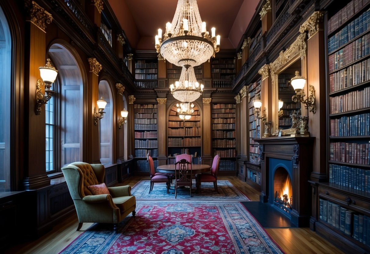 A grand library filled with towering bookshelves, ornate furniture, and dimly lit chandeliers. A cozy reading nook with a plush armchair and a crackling fireplace sets the scene for the literary titans of the Victorian age