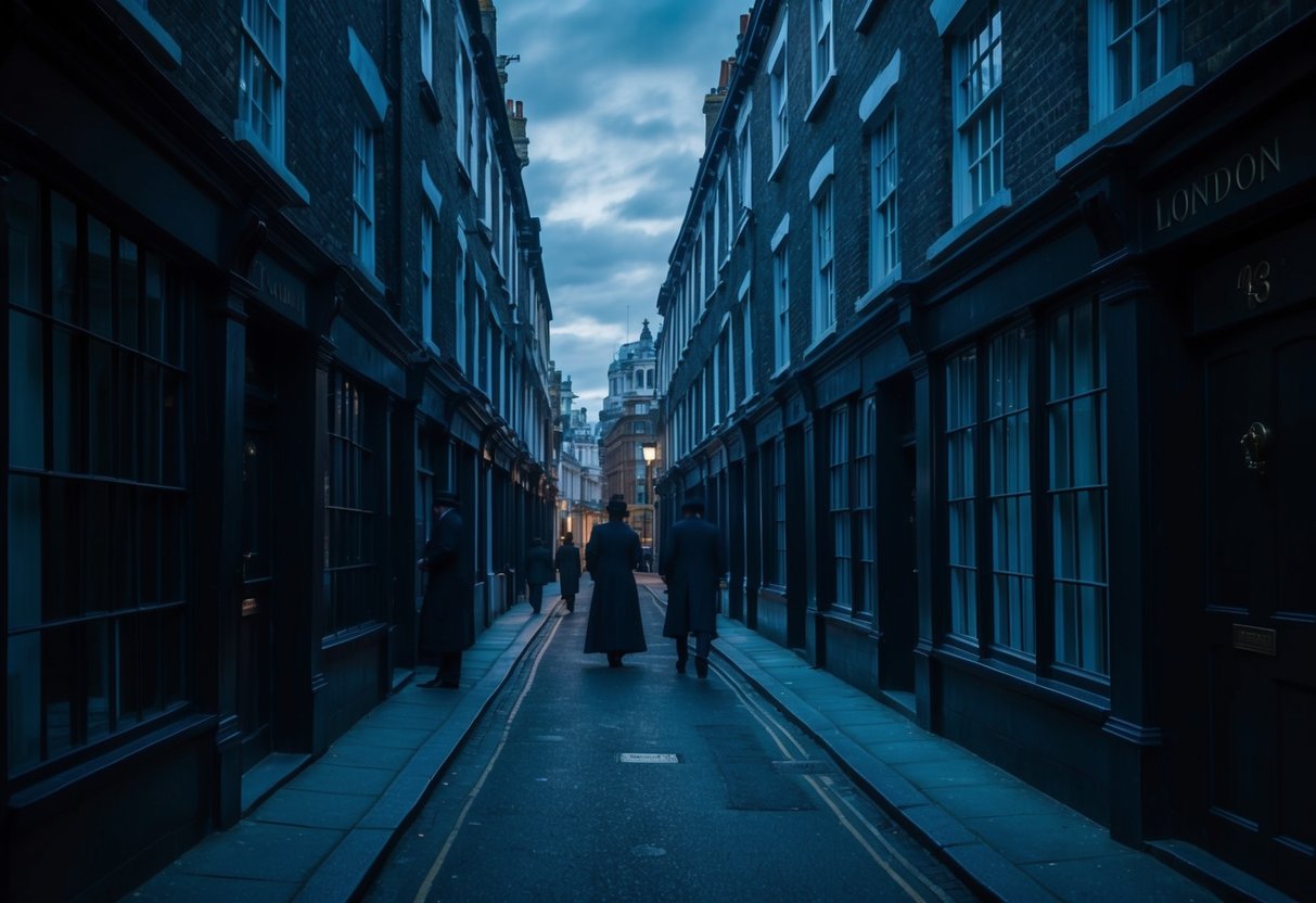 A dimly lit alley in Victorian London, with looming buildings casting long shadows. The air is thick with mystery and danger, as figures lurk in the darkness