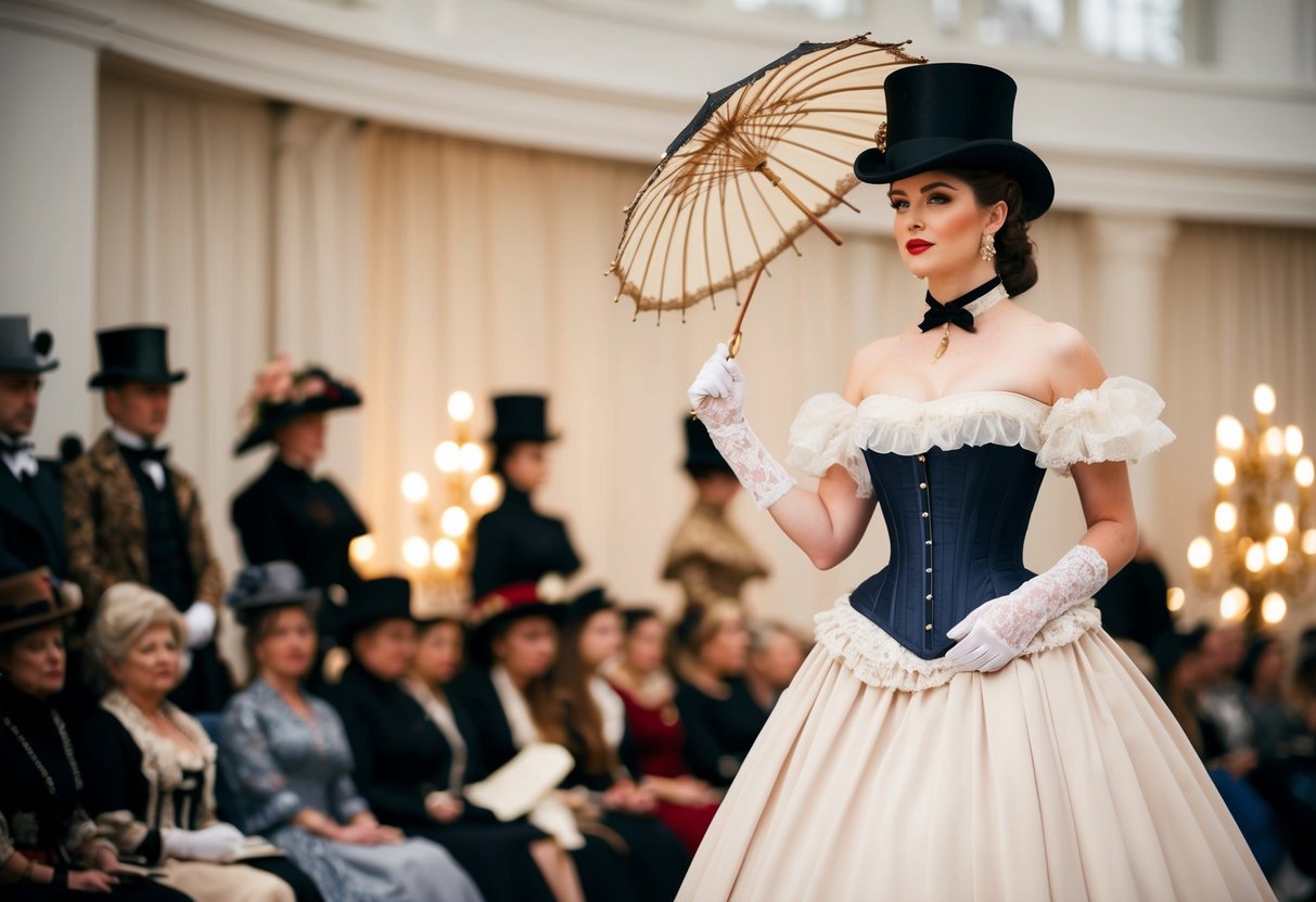 A Victorian-era fashion show featuring a bustled gown, corset, lace gloves, top hat, and parasol