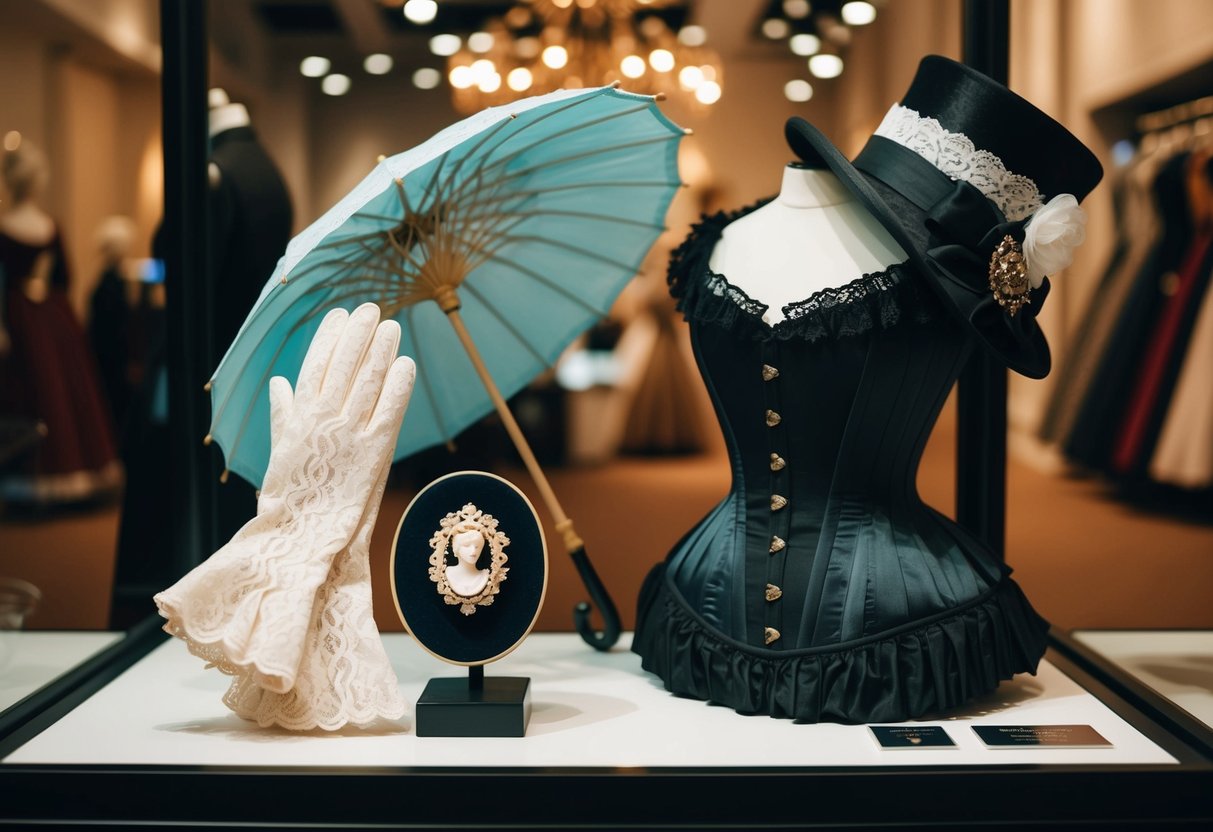 A display of Victorian fashion trends: lace gloves, parasol, cameo brooch, top hat, and corset