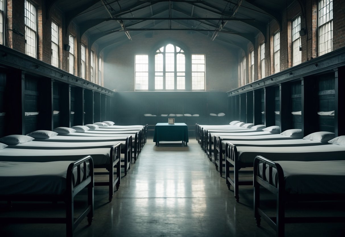 A dimly lit Victorian workhouse with rows of narrow beds and a large communal dining area. The atmosphere is somber and oppressive, with a sense of hopelessness and despair lingering in the air