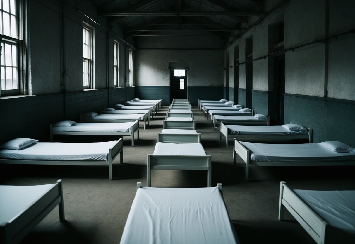 A dimly lit workhouse interior with rows of small, plain beds. Harsh conditions are evident, with minimal furnishings and a sense of austerity