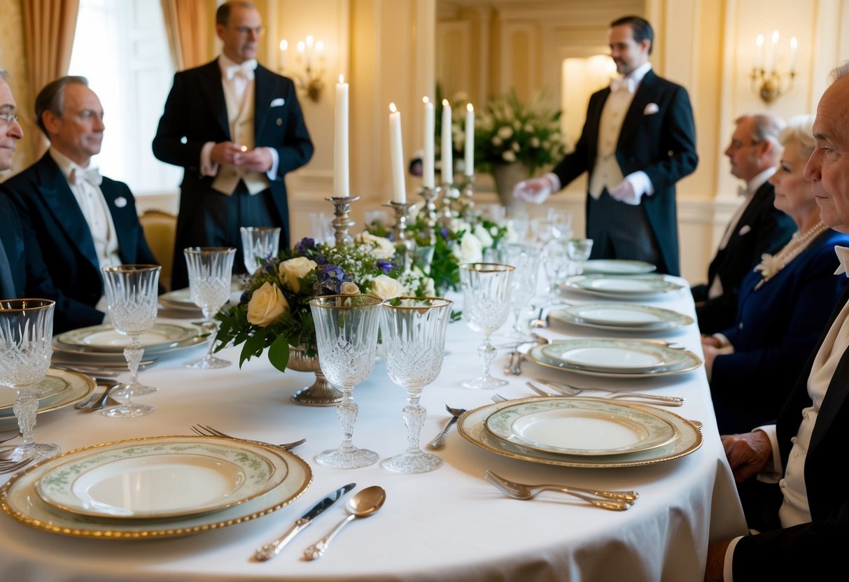 A grand Victorian dining table set with fine china, silverware, and crystal glasses. A butler stands nearby, ready to serve the distinguished guests