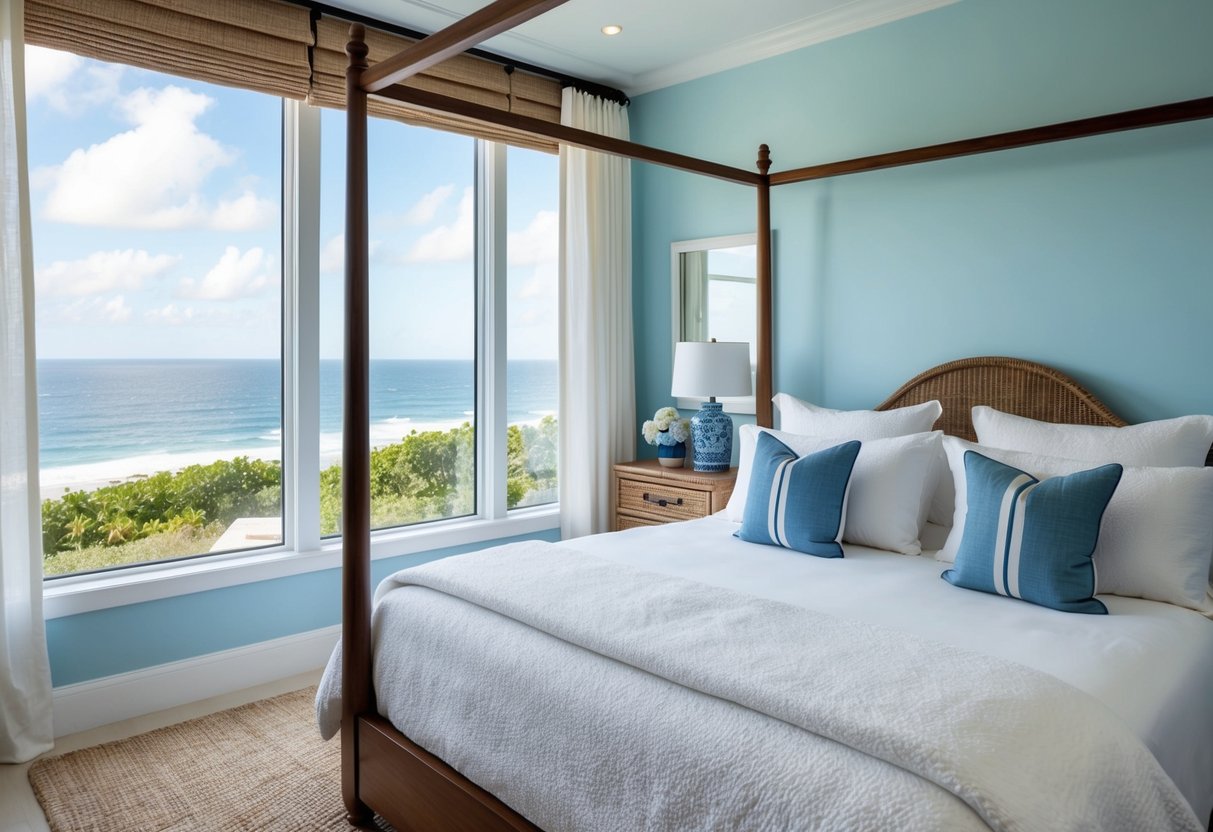 A cozy coastal bedroom with a large window overlooking the ocean, a canopy bed with white linens, light blue walls, and nautical decor accents