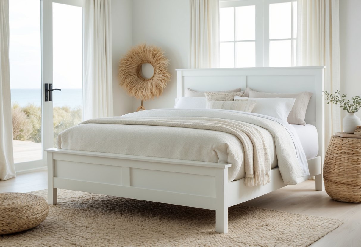 A coastal white bed frame sits in a serene bedroom with light, airy decor. The room features natural textures and soft, neutral colors