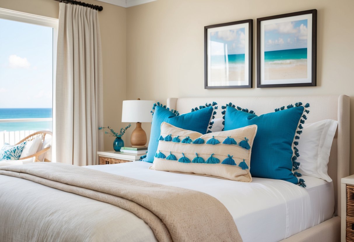 A cozy coastal bedroom with beach-themed throw pillows, a sandy color palette, and ocean-inspired decor