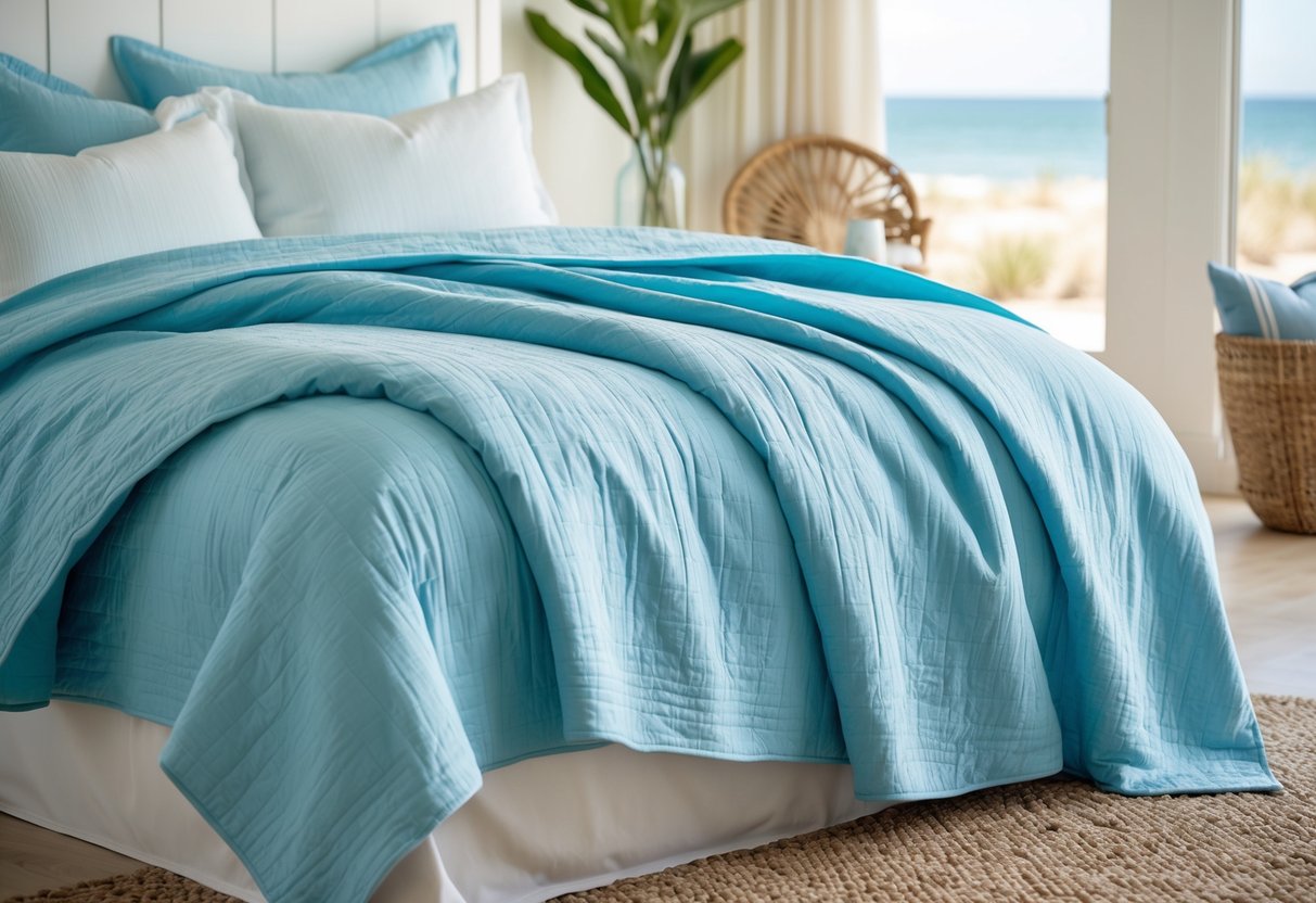 A light blue bedspread draped over a neatly made bed in a coastal-themed bedroom. The room is decorated with beach-inspired accents and natural textures