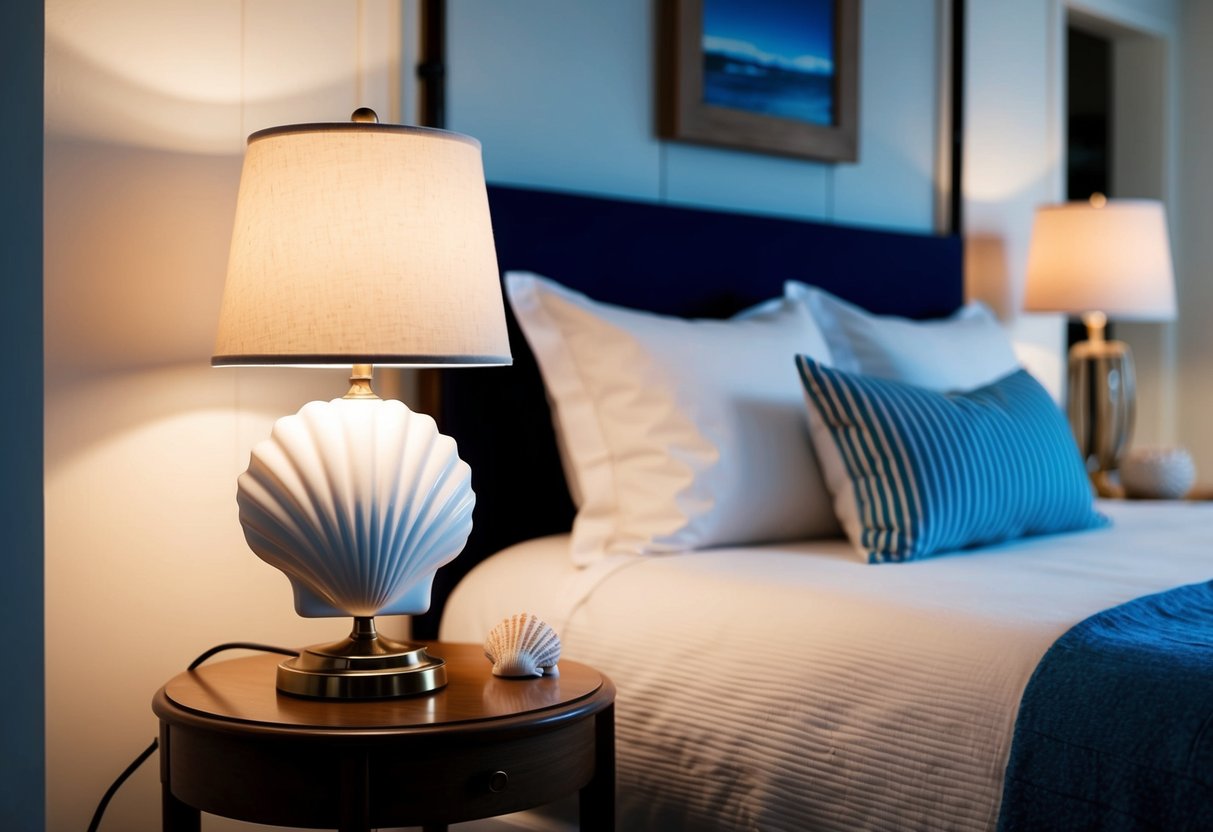 A shell-inspired table lamp illuminates a coastal bedroom with soft, warm light. The room features nautical decor and soothing blue and white tones