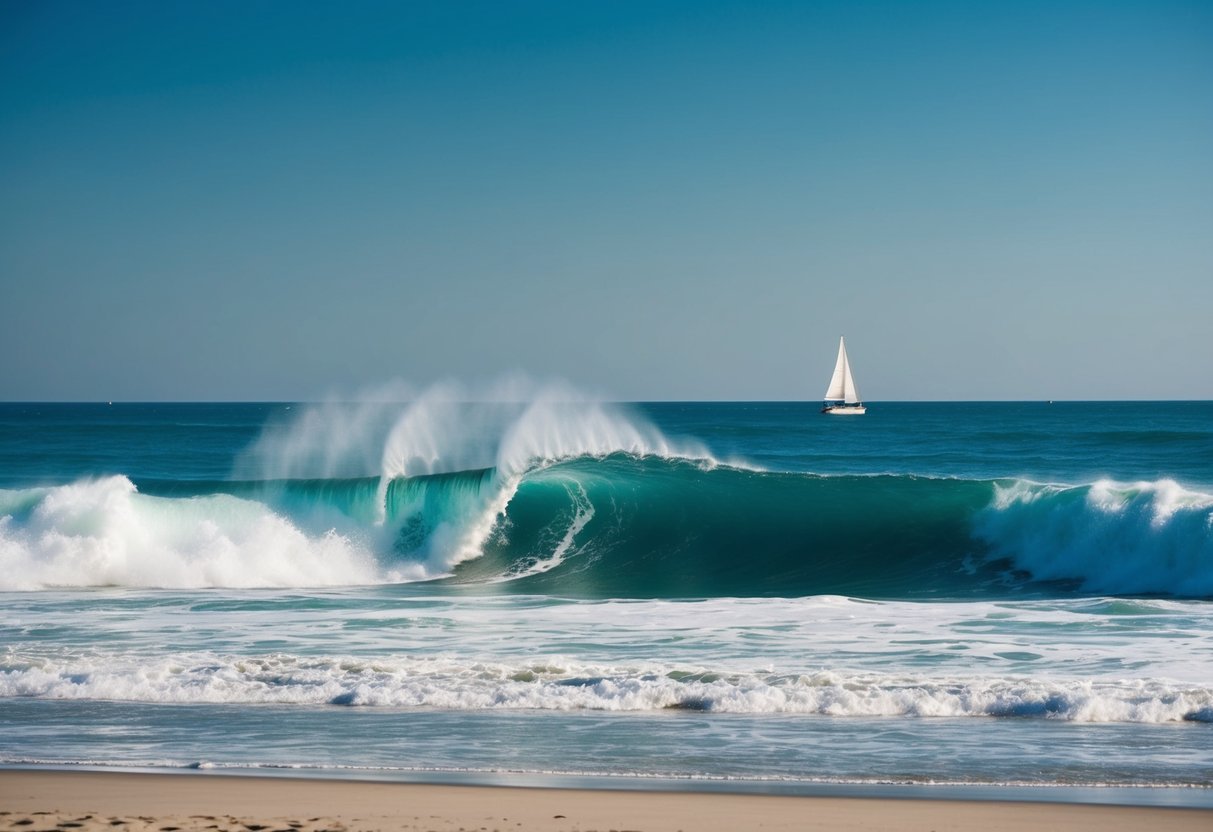 A serene ocean wave crashes onto a sandy beach, framed by a cloudless blue sky and a distant sailboat on the horizon