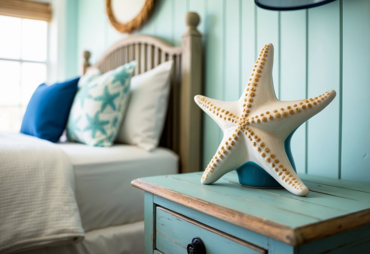 A ceramic starfish decor sits on a weathered wooden bedside table in a coastal-themed bedroom. The room features light, airy colors and nautical accents, creating a serene and beachy atmosphere