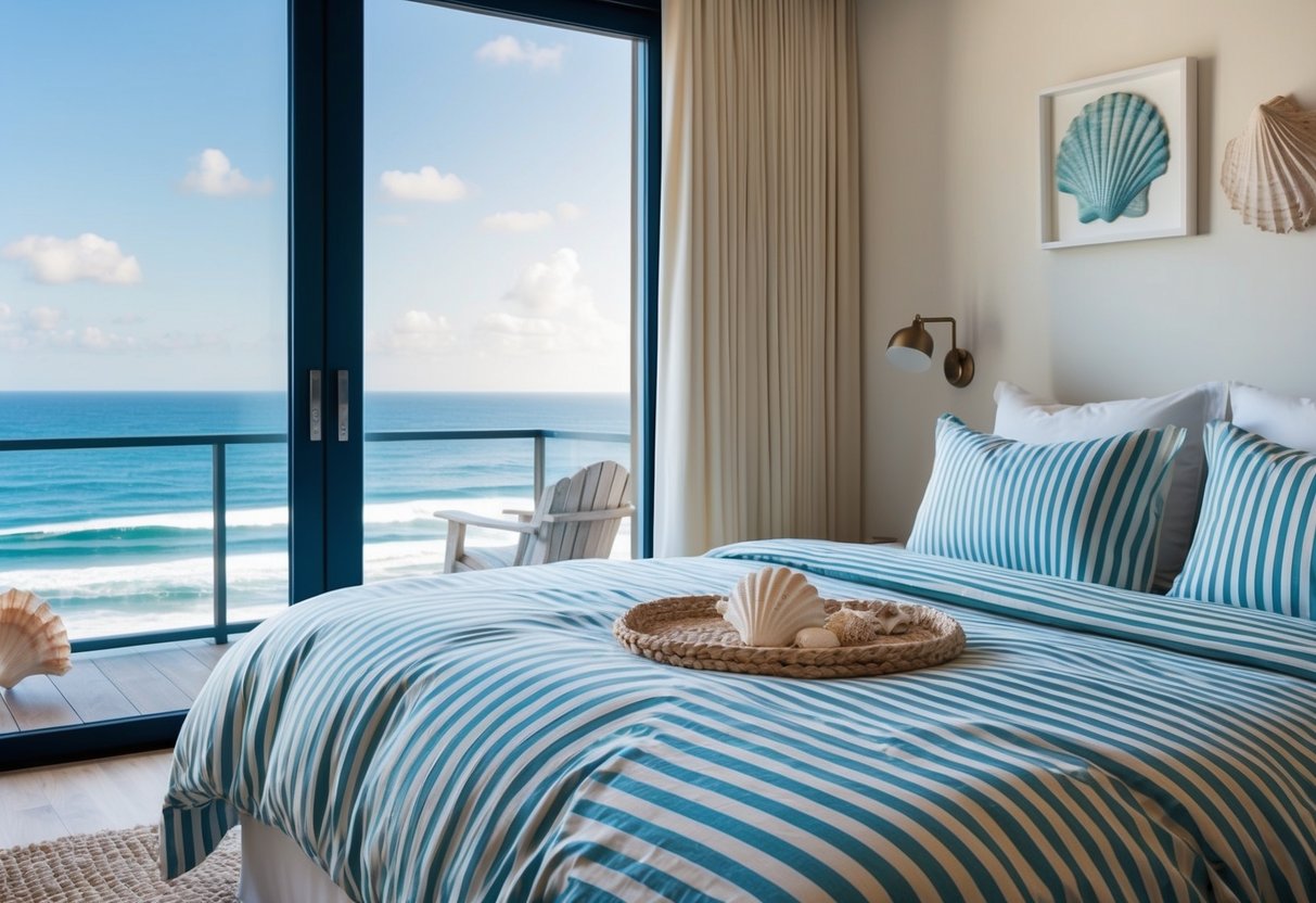 A cozy coastal bedroom with a striped duvet cover, a seashell decor, and a view of the ocean through a large window