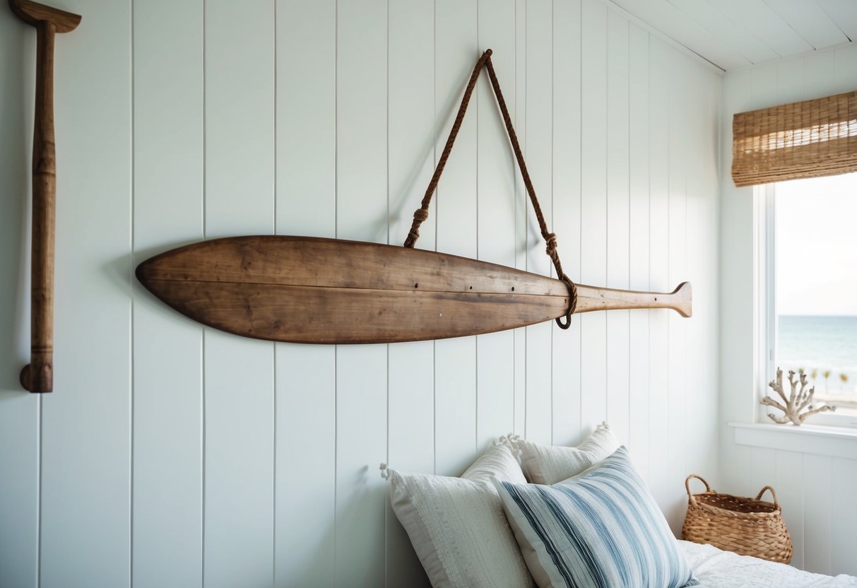 A rustic wooden boat oar hangs on a white wall, surrounded by coastal-themed decor in a serene bedroom setting