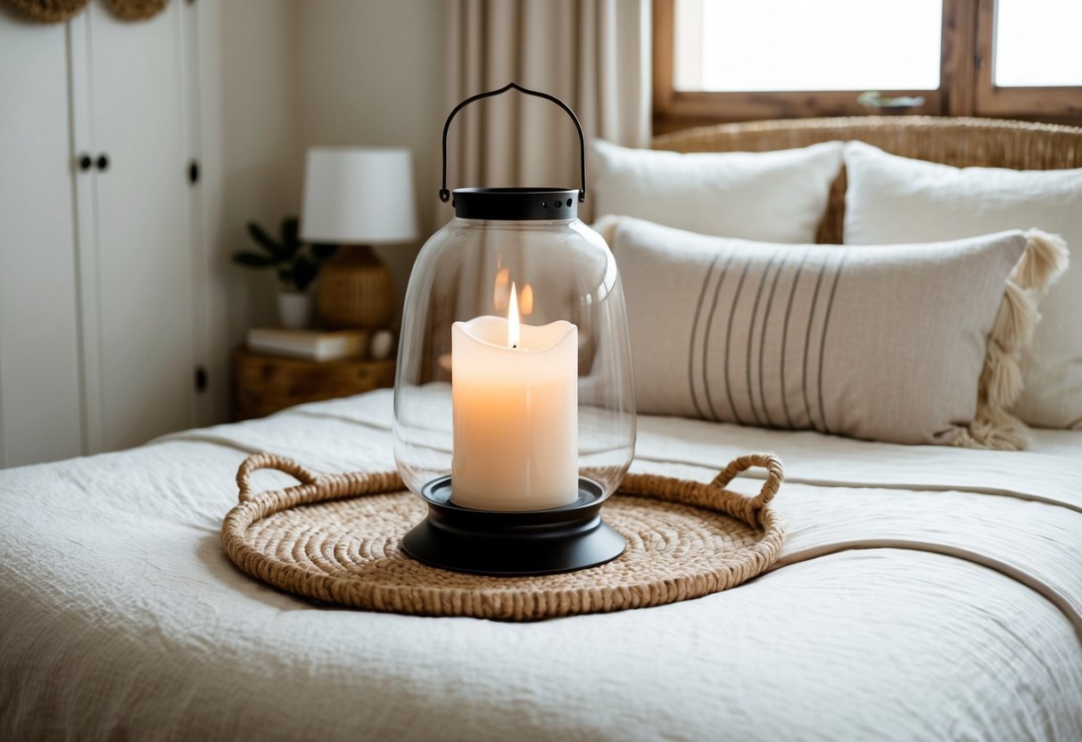 A cozy coastal bedroom with a hurricane candle lantern as the centerpiece. Soft, neutral colors and natural textures create a serene, beach-inspired atmosphere