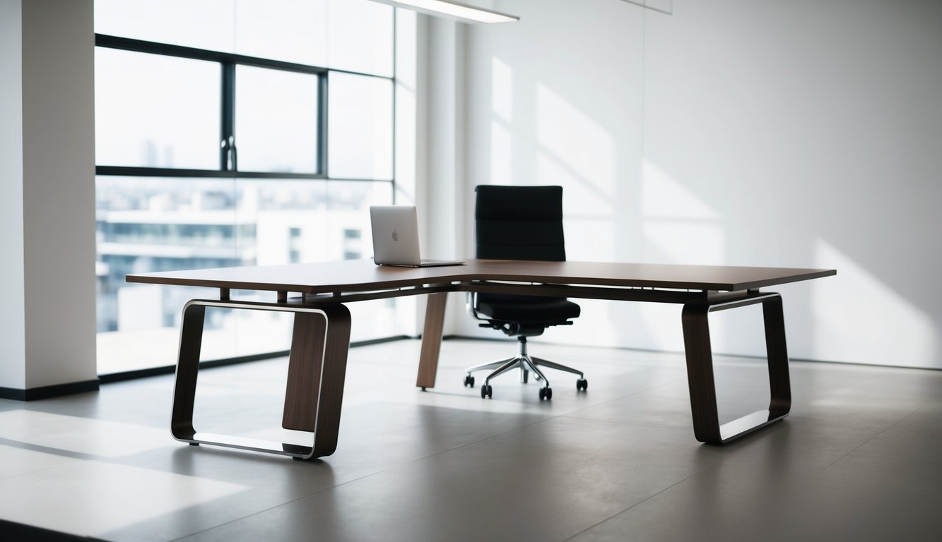 A modern L-shaped desk in a spacious, well-lit office with sleek lines and minimalist design. The desk is made of high-quality wood or metal with clean, straight edges and a polished finish