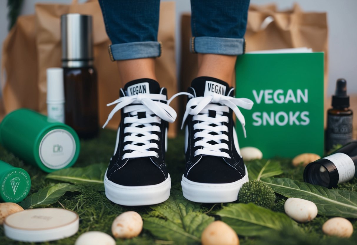 Ein Paar vegane Sneaker, umgeben von nachhaltigen Modeartikeln