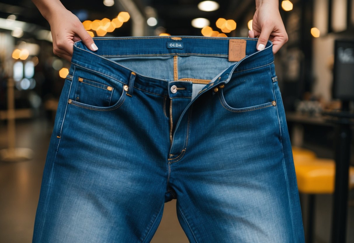 Eine alte Jeans wird durch Upcycling in ein trendiges und nachhaltiges Modestück verwandelt