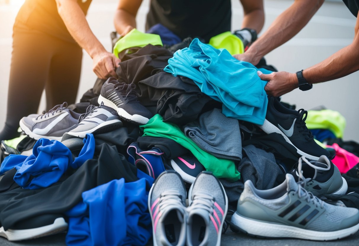 Ein Stapel gebrauchter Sportbekleidung wird zum Recycling in verschiedene Kategorien sortiert. Zu den Artikeln gehören Leggings, T-Shirts und Turnschuhe