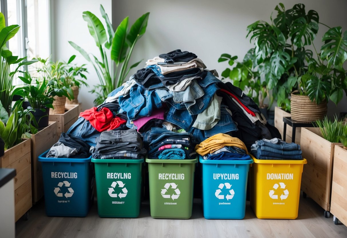 Ein Stapel ausrangierter Kleidung wird in separate Behälter mit der Aufschrift „Recycling“, „Upcycling“ und „Spende“ sortiert. Der Raum ist mit natürlichem Licht und grünen Pflanzen gefüllt und schafft so eine nachhaltige und umweltfreundliche Atmosphäre