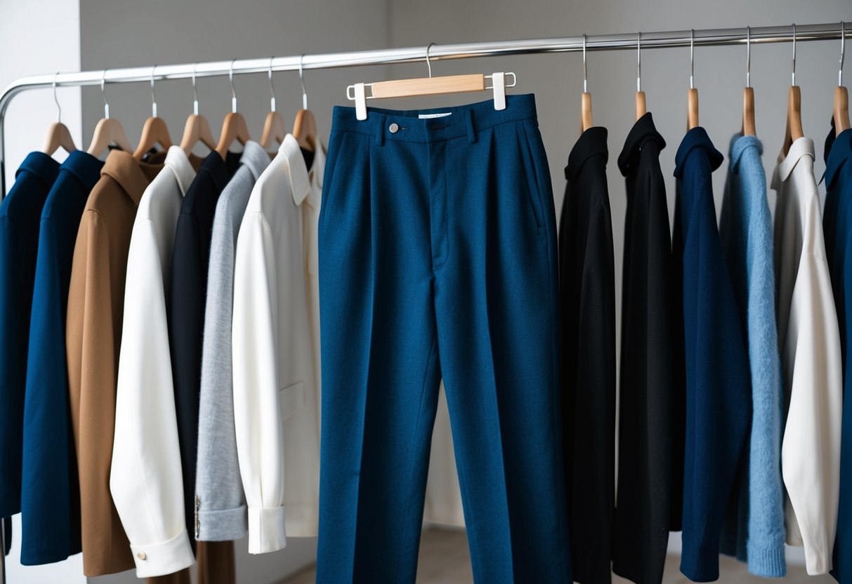 Eine marineblaue Wollhose, die an einem minimalistischen Kleiderständer hängt und von 10 verschiedenen minimalistischen Modestilen umgeben ist