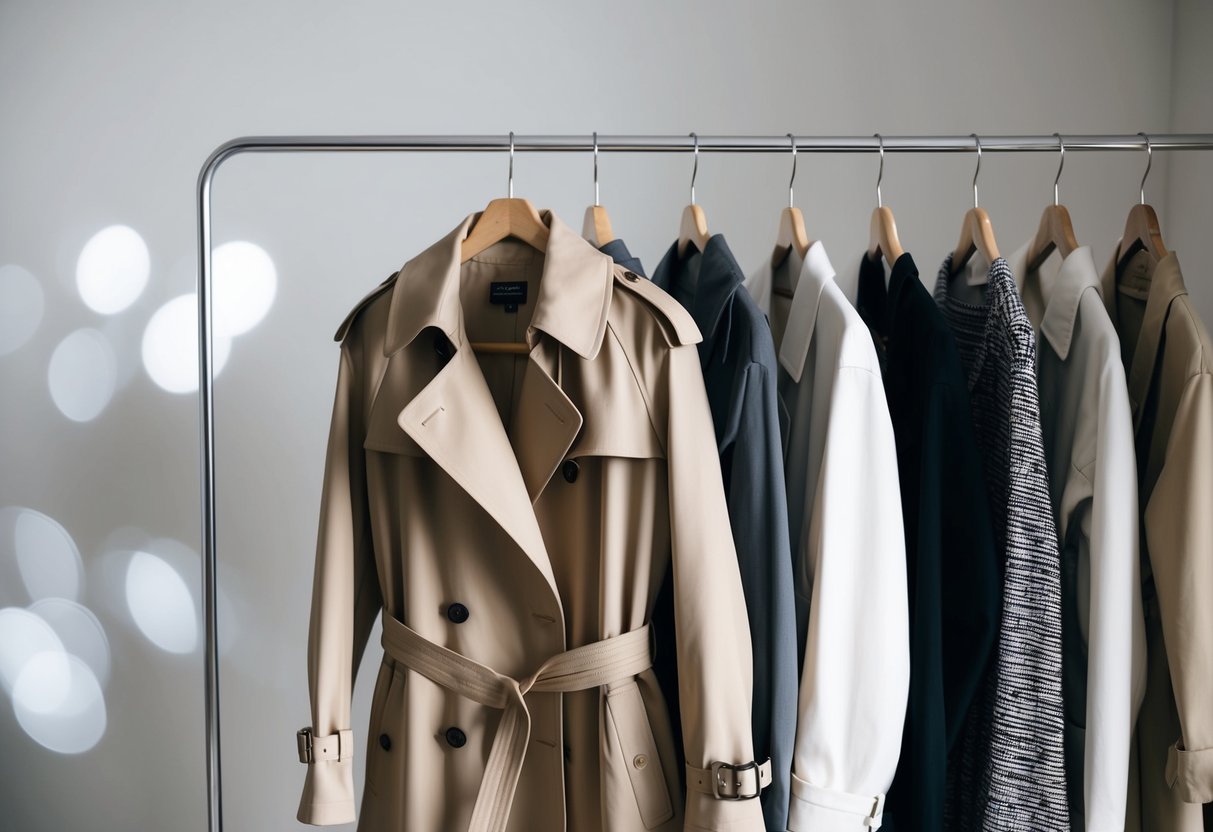 Ein beiger Trenchcoat hängt zusammen mit neun weiteren stilvollen Kleidungsstücken an einem minimalistischen Kleiderständer