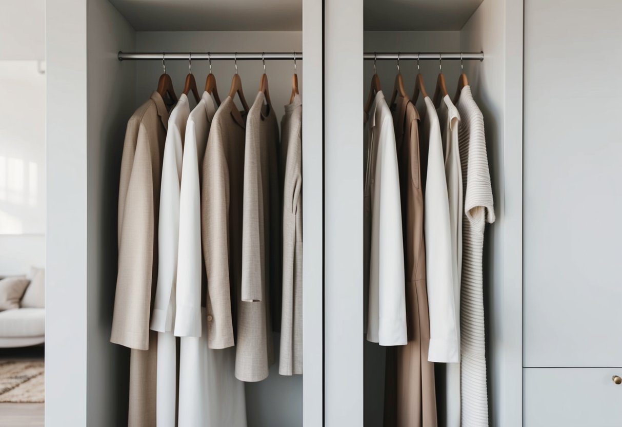 Eine schlichte, klare Garderobe mit neutralen Farben und strukturierten Silhouetten. Klare Linien und minimale Details