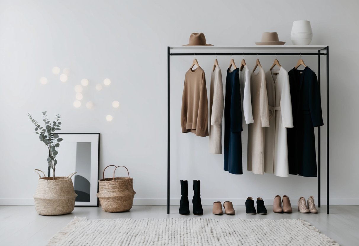 Eine klare, moderne Garderobe mit neutralen Farben und einfachen Silhouetten. Klare Linien und minimales Zubehör